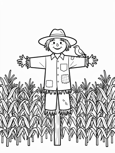 Scarecrow in a cornfield coloring page showing a patched scarecrow with arms spread and a crow perched on its shoulder among tall corn stalks