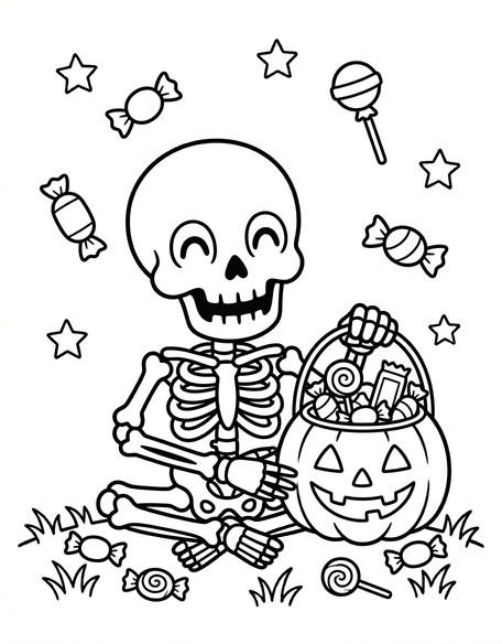 Halloween skeleton with candy bucket coloring page for kids