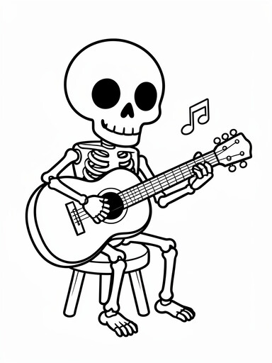 Skeleton playing guitar coloring page showing a cartoon skeleton sitting on a stool strumming an acoustic guitar