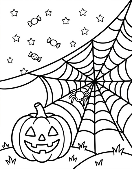 Halloween Spider Web and Pumpkin coloring page showing a pumpkin beside a large spider web PDF preview