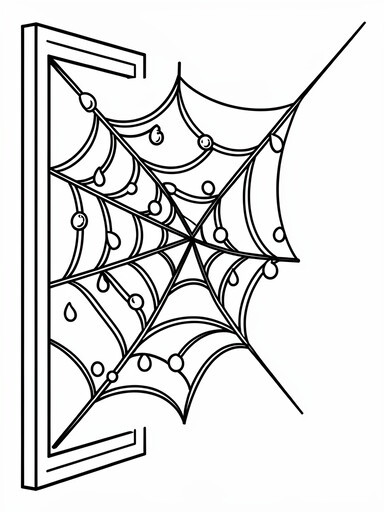 Spider web in a window corner coloring page showing a detailed web strung across a windowpane with small dew drops on the strands
