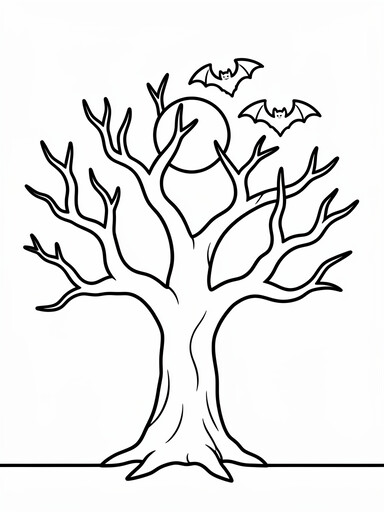 Spooky tree with bats coloring page showing a gnarled leafless tree with two bats flying near a peeking moon