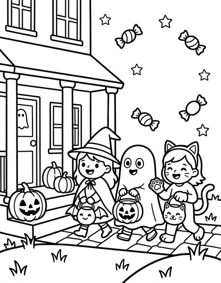 Halloween trick-or-treat kids in costumes coloring page for kids