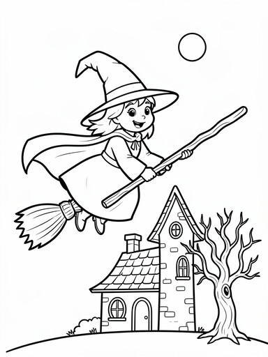 Witch flying on a broomstick past a haunted house coloring page showing a witch soaring above a crooked-roof house
