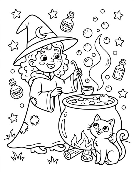 Halloween Witch Cat and Cauldron coloring page showing a witch standing with a cat beside a bubbling cauldron PDF preview