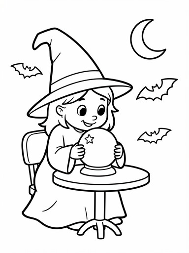 Witch with a crystal ball coloring page showing a young witch gazing into a glowing crystal ball on a stand