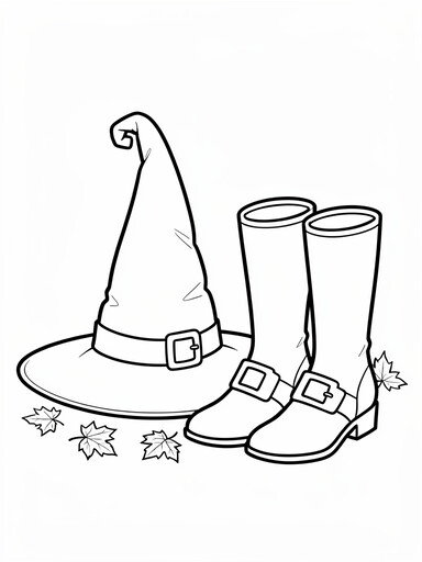 Witch hat and boots coloring page showing a pointed witch hat and a pair of buckled boots with scattered autumn leaves