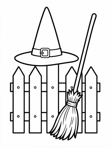 Witch hat and broom by the fence coloring page showing a pointed hat and straw broom leaning on a wooden fence