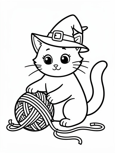 Kitten in a witch hat coloring page showing a playful cat batting a ball of yarn