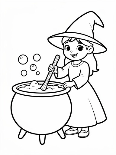 Witch stirring a cauldron coloring page showing a witch girl with a wooden spoon over a bubbling potion