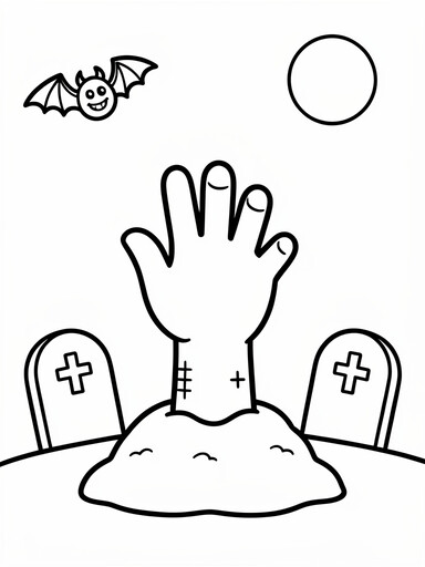 Zombie hand coloring page showing a cartoon hand reaching up from a dirt mound between two tombstones