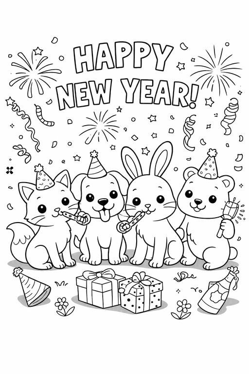 Happy New Year animals with fireworks, party hats, and confetti coloring page