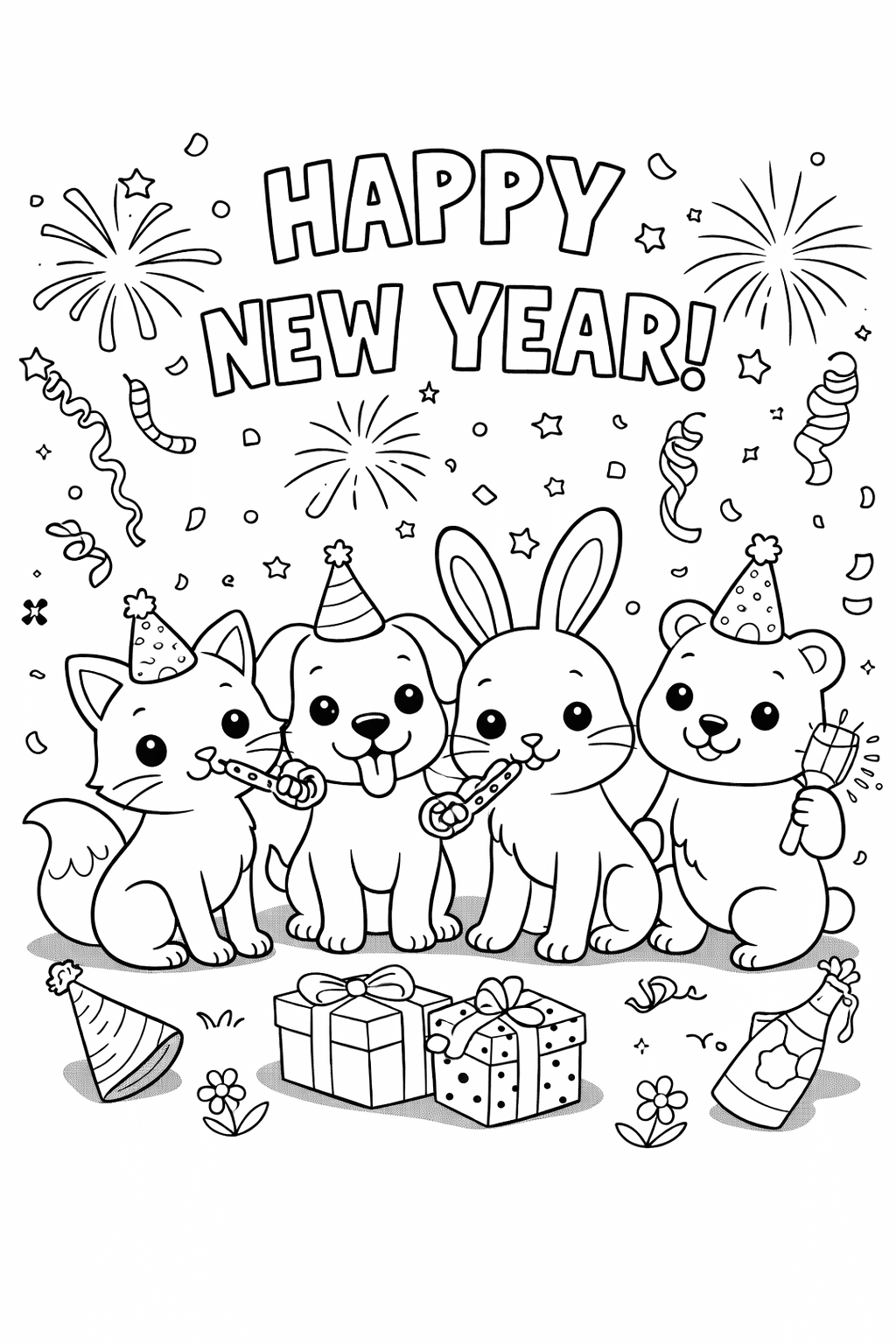 Happy New Year Animals Celebration Coloring Page