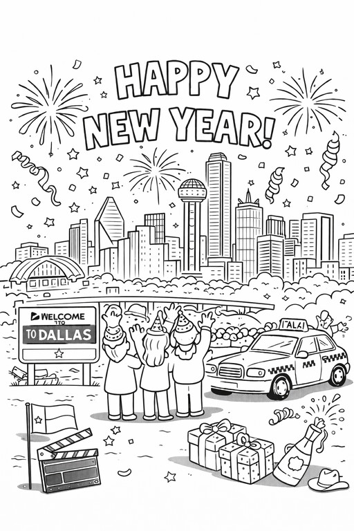 Happy New Year Dallas skyline with fireworks and family celebration coloring page