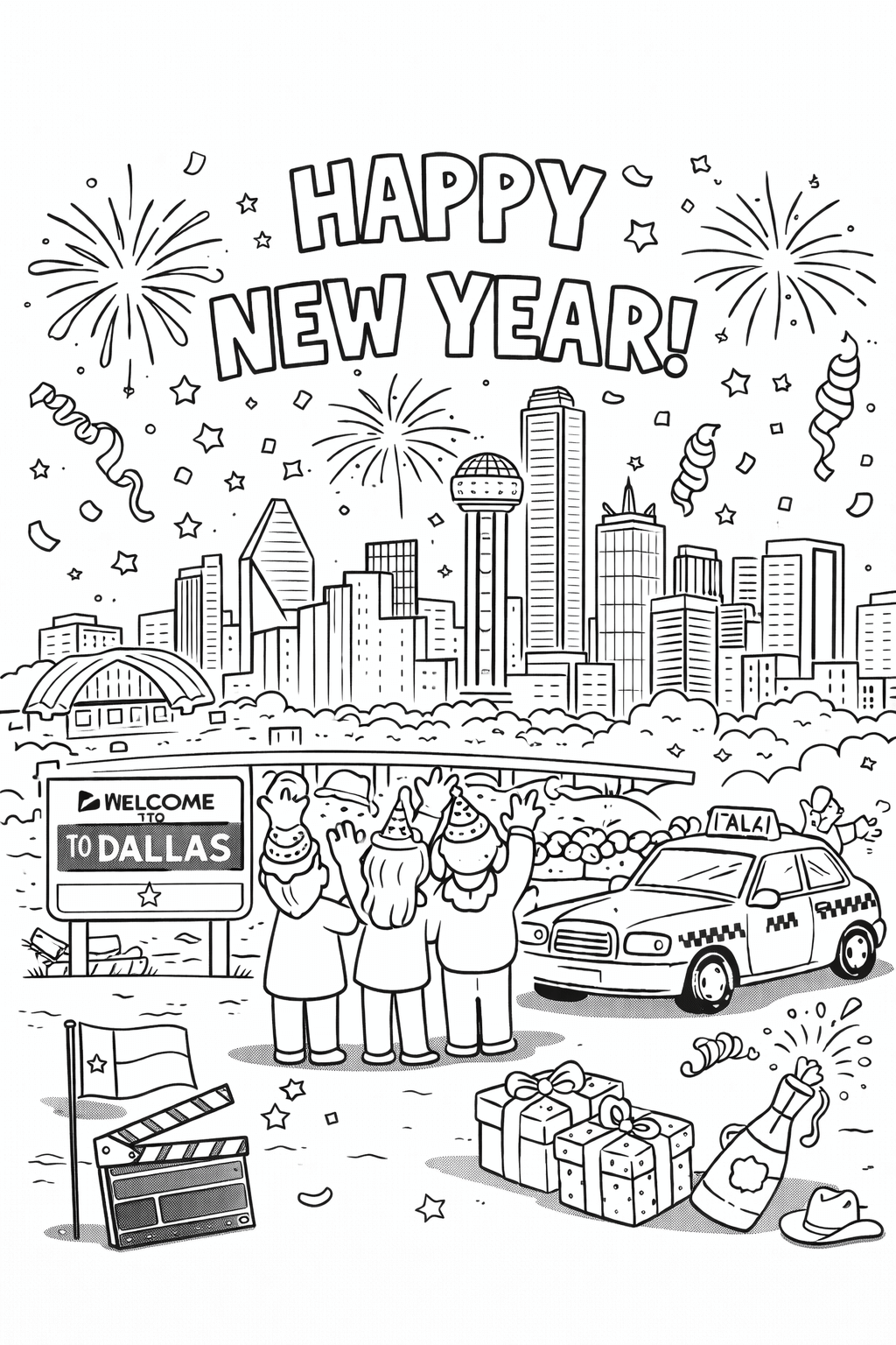 Happy New Year Dallas Celebration Coloring Page