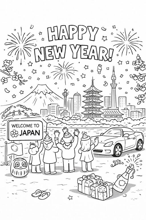 Happy New Year Japan celebration with fireworks and landmarks coloring page