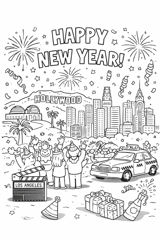 Happy New Year Los Angeles skyline with fireworks and palm trees coloring page