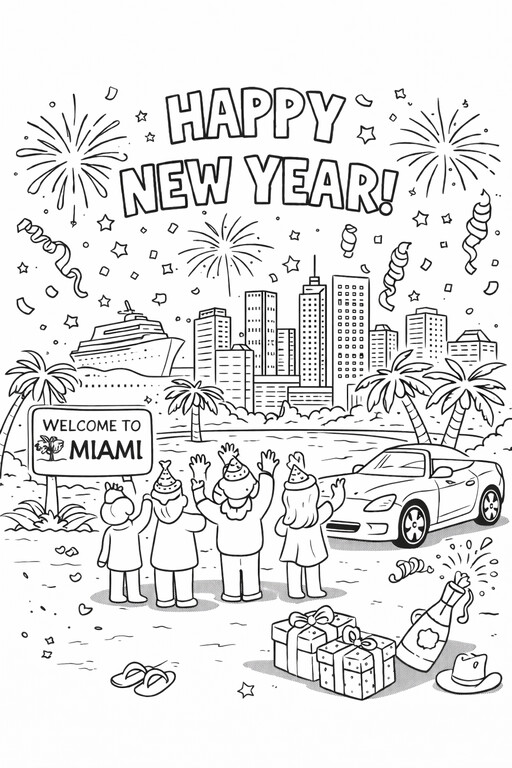 Happy New Year Miami skyline with fireworks and party decorations coloring page