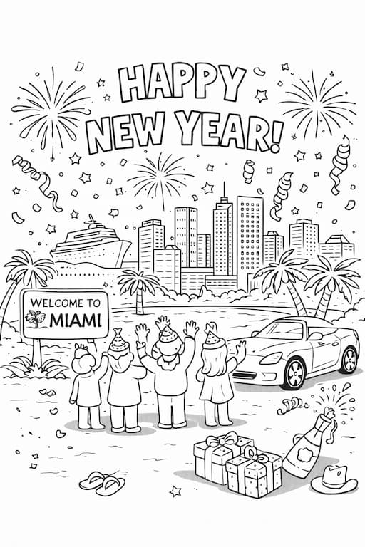Free Happy New Year Miami Celebration Coloring Page