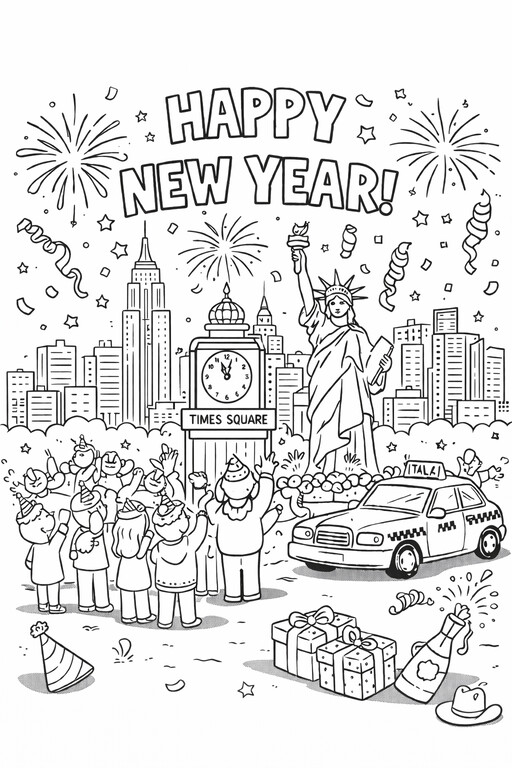 Happy New Year New York skyline with fireworks, crowd, and Statue of Liberty coloring page