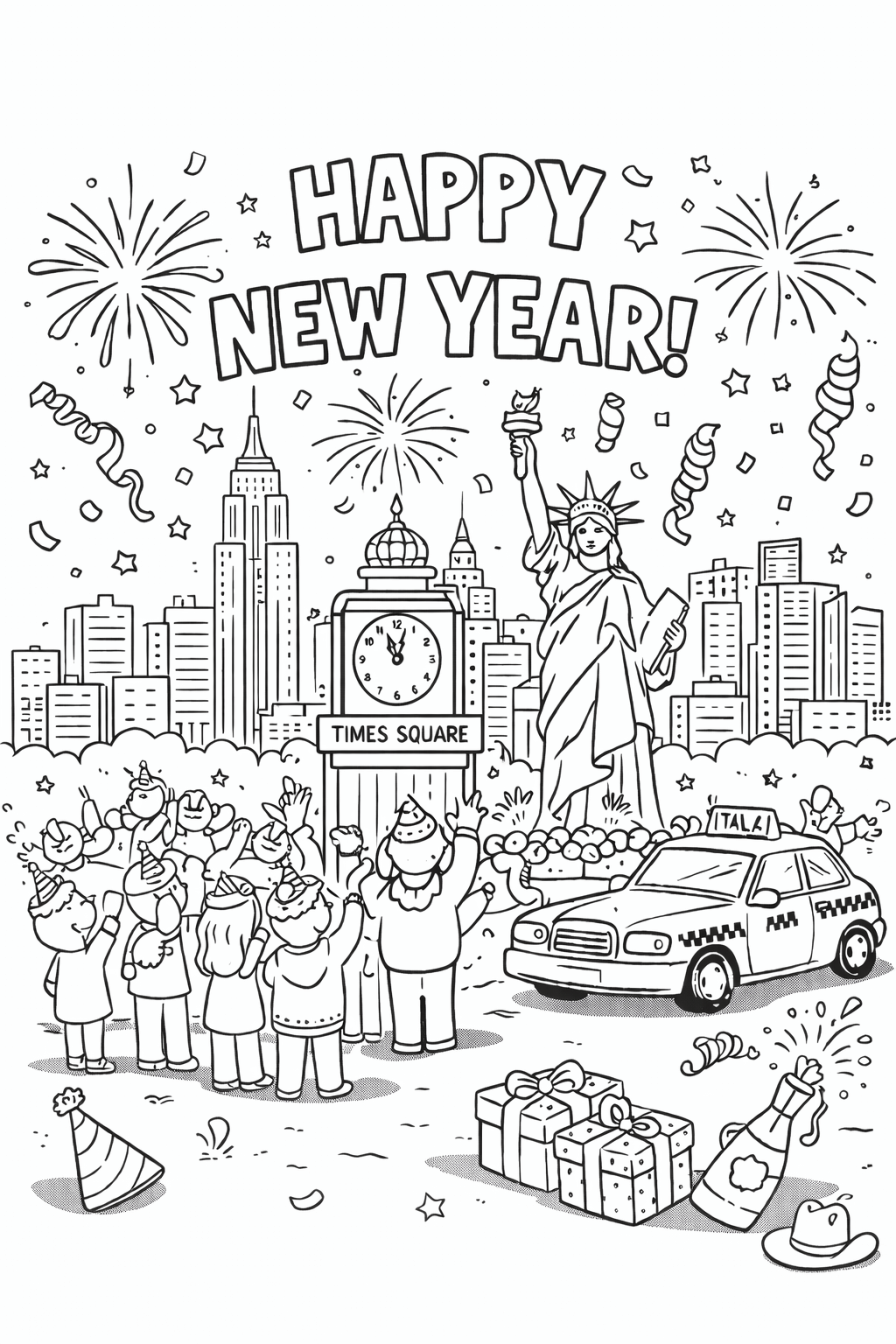Happy New Year New York Celebration Coloring Page