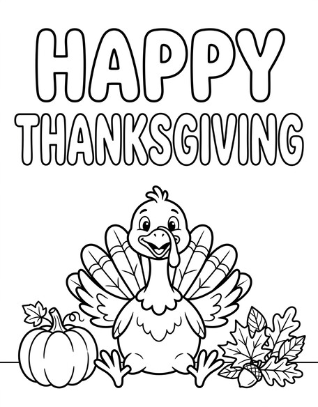 Happy Thanksgiving bubble letter coloring page with turkey and pumpkin PDF preview