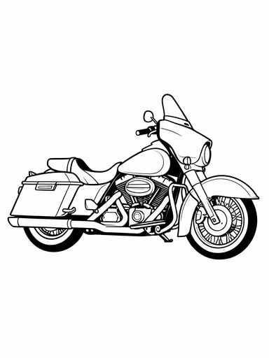 Touring motorcycle coloring page showing a cruiser with a windshield, front fairing, and rear saddlebags