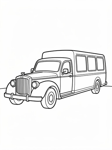 Hearse coloring page showing a long formal car with a tall grille and a big rear window