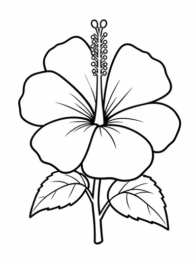 Large tropical hibiscus flower with five wide fan-shaped petals and tall stamen column coloring page