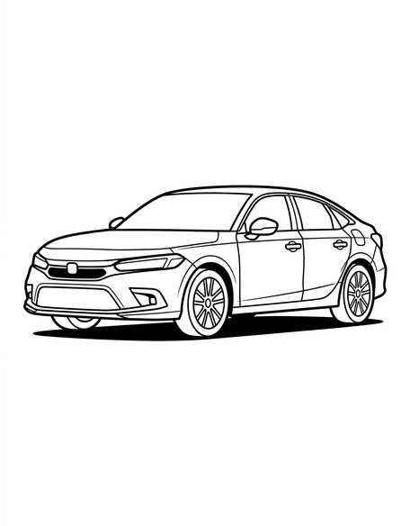 Honda Civic coloring page showing a four-door sedan with slim grille, swept headlights, and multi-spoke wheels PDF preview