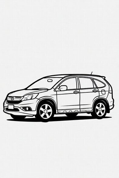 Honda CR-V coloring page showing a compact SUV with tall greenhouse, swept headlights, and multi-spoke wheels PDF preview