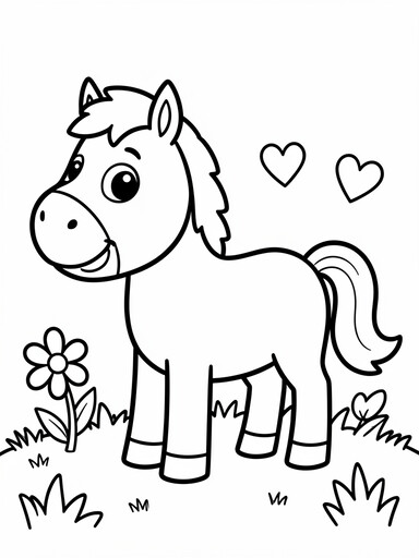 Cute Cartoon Horse with Daisies and Hearts coloring page