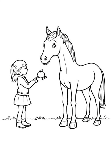 Girl Feeding an Apple to a Horse coloring page