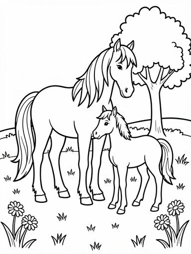 Mare and Foal in a Meadow coloring page