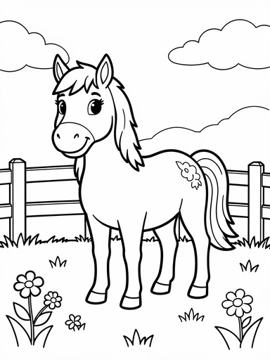 Cute Cartoon Horse by a Fence with Flowers coloring page