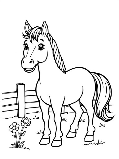 Horse Standing by a Wooden Fence coloring page