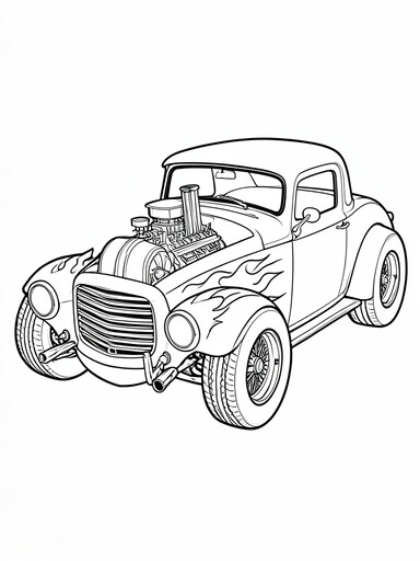 Classic American hot rod with chopped roof, exposed supercharged engine, and hood flames coloring page