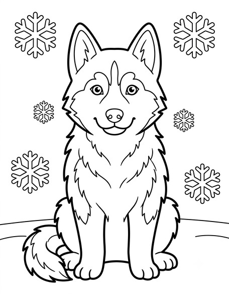 Husky puppy sitting upright in snow with six large snowflakes coloring page