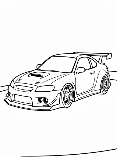 Hyundai Elantra N coloring page showing a compact sport sedan with a hood scoop and tall rear wing