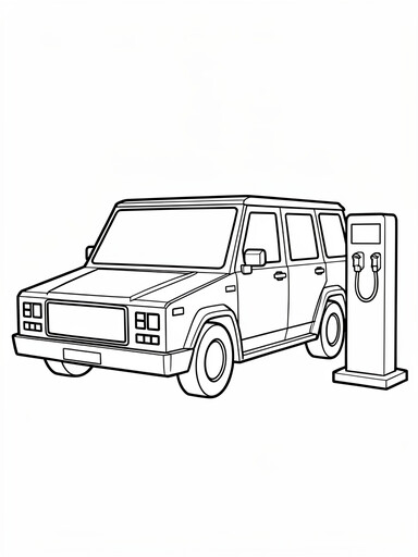 Hyundai Ioniq 5 coloring page showing a boxy electric crossover with pixel-style lights beside a charging post