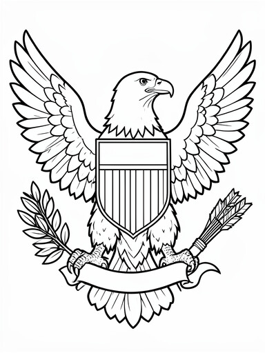 Bald eagle with wings spread holding shield, olive branch, and arrows Great Seal coloring page