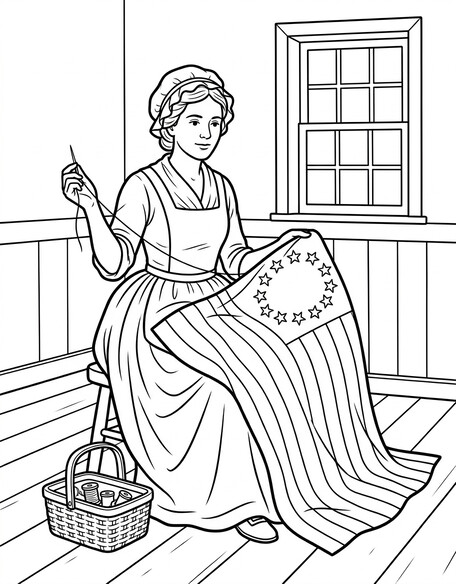 Betsy Ross sewing the first American flag coloring page with thirteen stars and stripes PDF preview