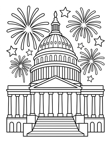 Capitol fireworks coloring page with dome and stars PDF preview
