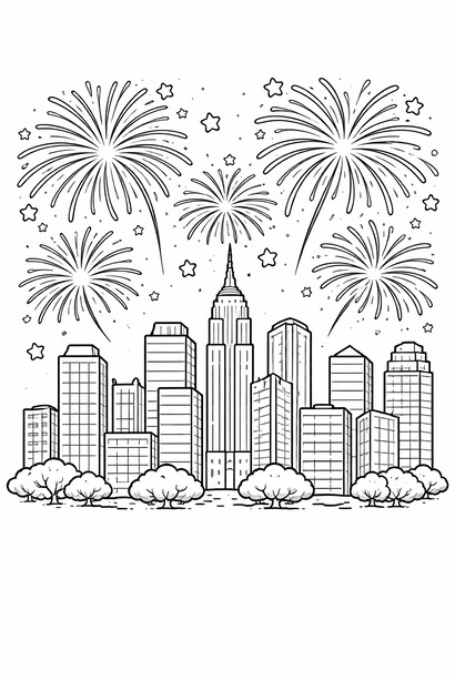 Free printable Independence Day City Skyline Fireworks coloring page for kids
