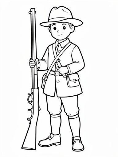 Colonial minuteman soldier with wide-brim hat holding a long musket coloring page