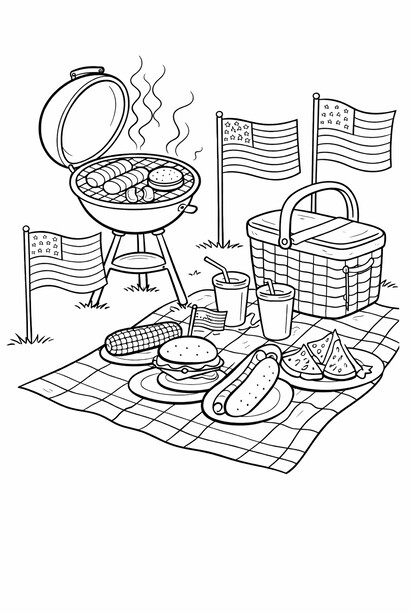 Free printable Independence Day Family BBQ Flags coloring page for kids