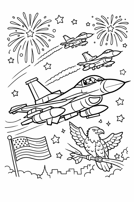 Independence Day Fighter Jets coloring page showing jets flying across a patriotic sky PDF preview