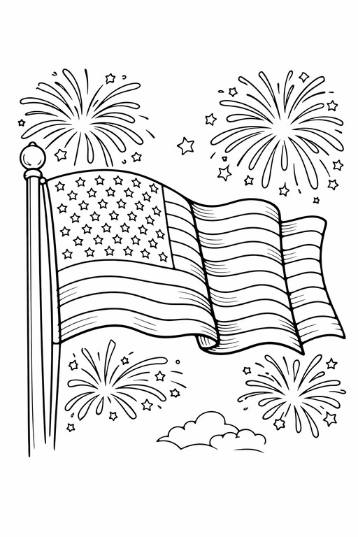 Flag and fireworks coloring page PDF preview