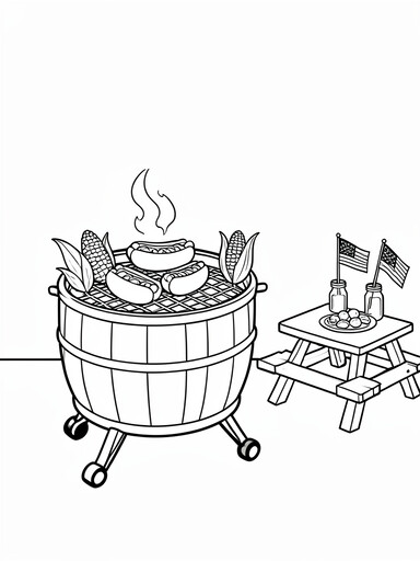 July 4th barrel grill with hot dogs, corn, smoke, and flag-decorated picnic table coloring page