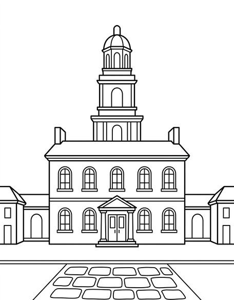 Independence Hall coloring page showing the Philadelphia brick building with bell tower and cupola PDF preview